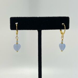 Opaline Blue Heart Earrings with Gold Lever Back Huggies; Wire Wrapped